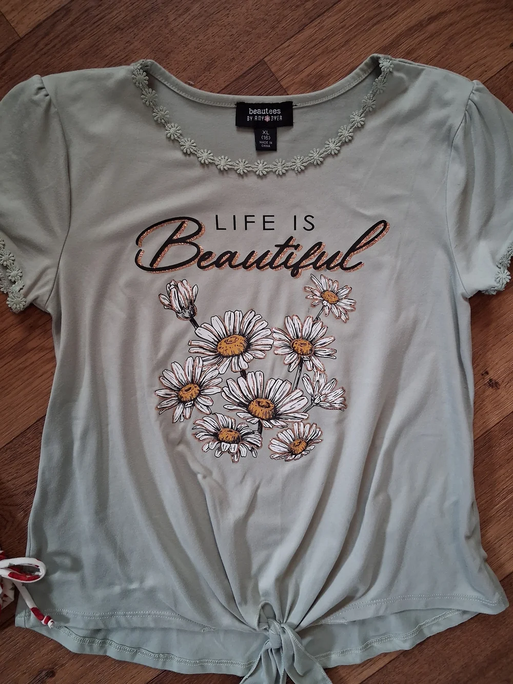 Pair of Floral 'Beautiful' Graphic Tie-Front Tops